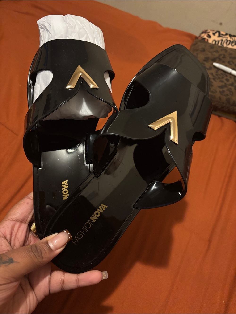 Fashion Nova Black Patent Slide Sandals with Gold Chevron Accent